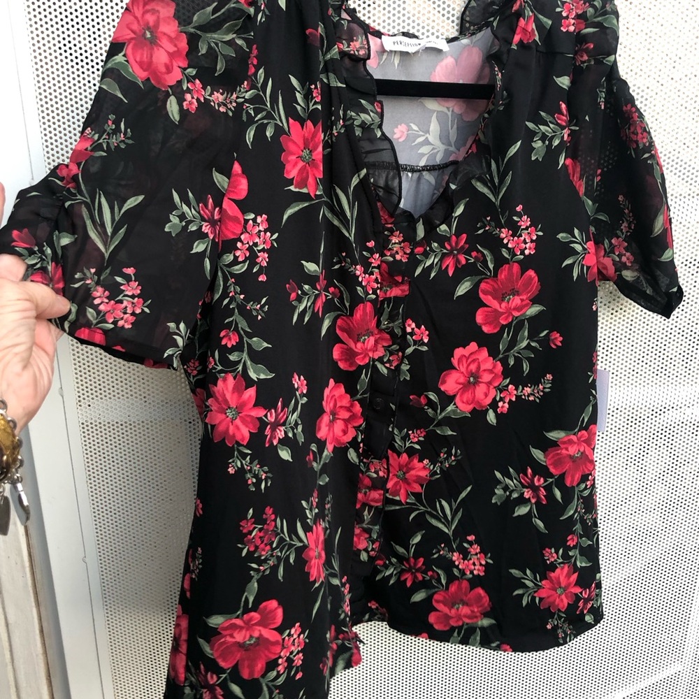 PerSeption Concept Black Blouse with Red Floral Print